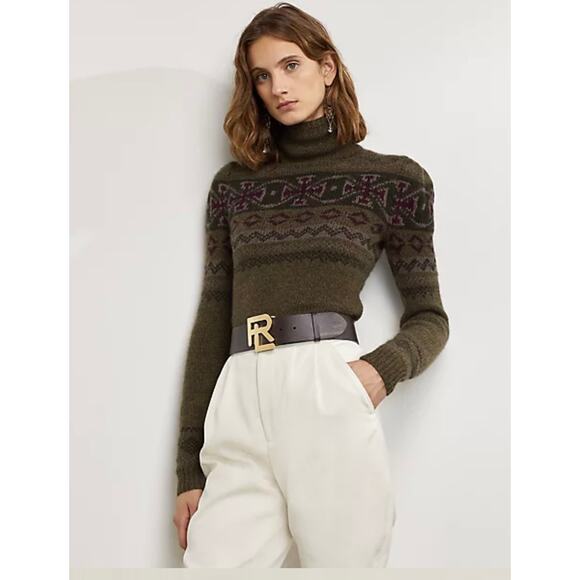 Ralph Lauren Intarsia-Knit Mockneck Sweater Wool Cashmere Hand Knit Sweater L - Picture 1 of 13